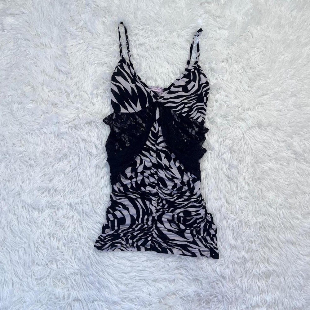 y2k zebra print ruffle lace baby doll tank top small